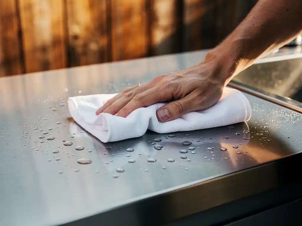 Buitenkeuken van geborsteld roestvrij staal wordt afgenomen met doek, waterdruppels glinsteren in warm middagzonlicht.