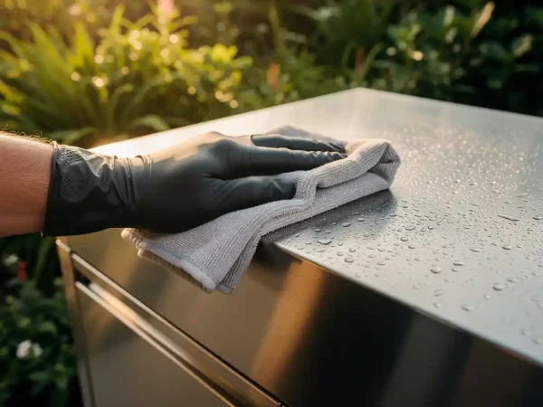 Gehandschoende hand die een glanzend roestvrij stalen buitenkeukenblad poetst, waterdruppels op geborsteld metaal in warm middagzonlicht.