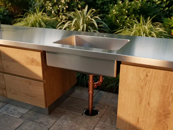 Buiten keuken van roestvrij staal met ingebouwde spoelbak, loodgieter past koperen waterleiding aan onder het aanrechtblad op een stenen patio.