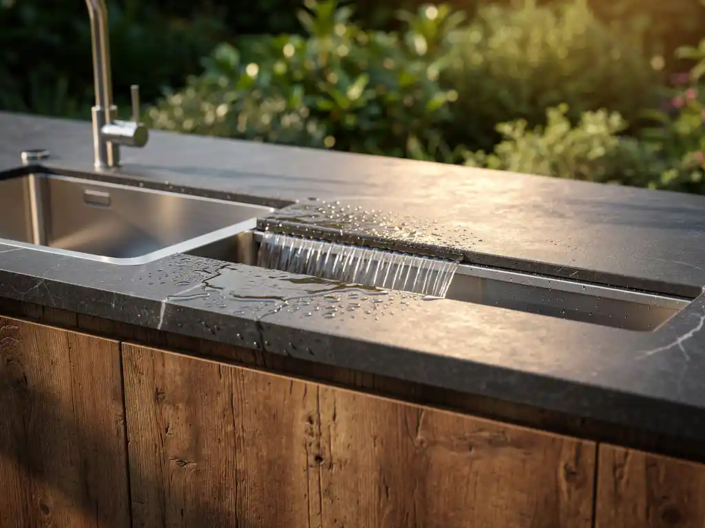 Buitenkeuken met roestvrijstalen wasbak in donker natuursteen, ingebouwde afvoergoot, teakhouten kasten en weelderige tuin op de achtergrond.