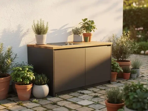Compacte buitenkeuken van staal en eiken tegen witgekalkte tuinmuur, omringd door kruiden in potten en natuurstenen tegels in gouduur licht.