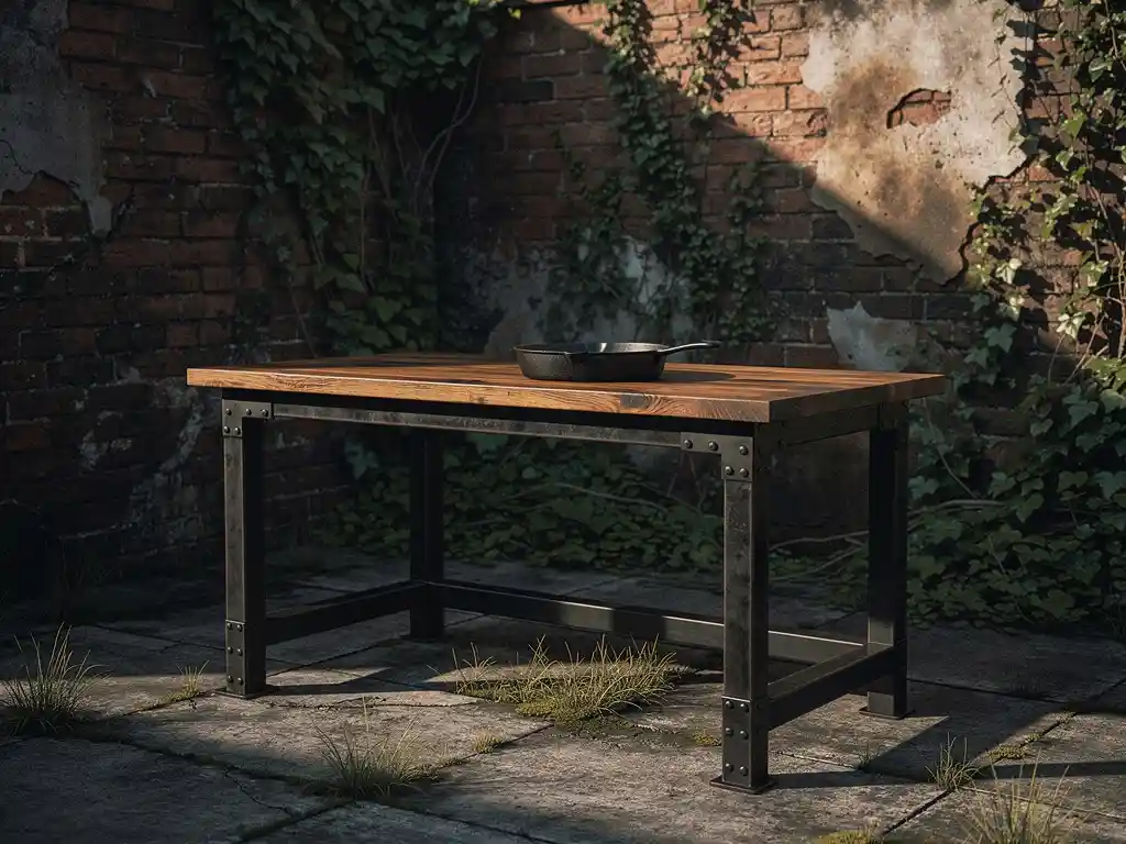 Buitenkeuken van staal en donker hardhout op verweerd betonnen patio, met gietijzeren koekenpan en klimplanten tegen bakstenen muur.