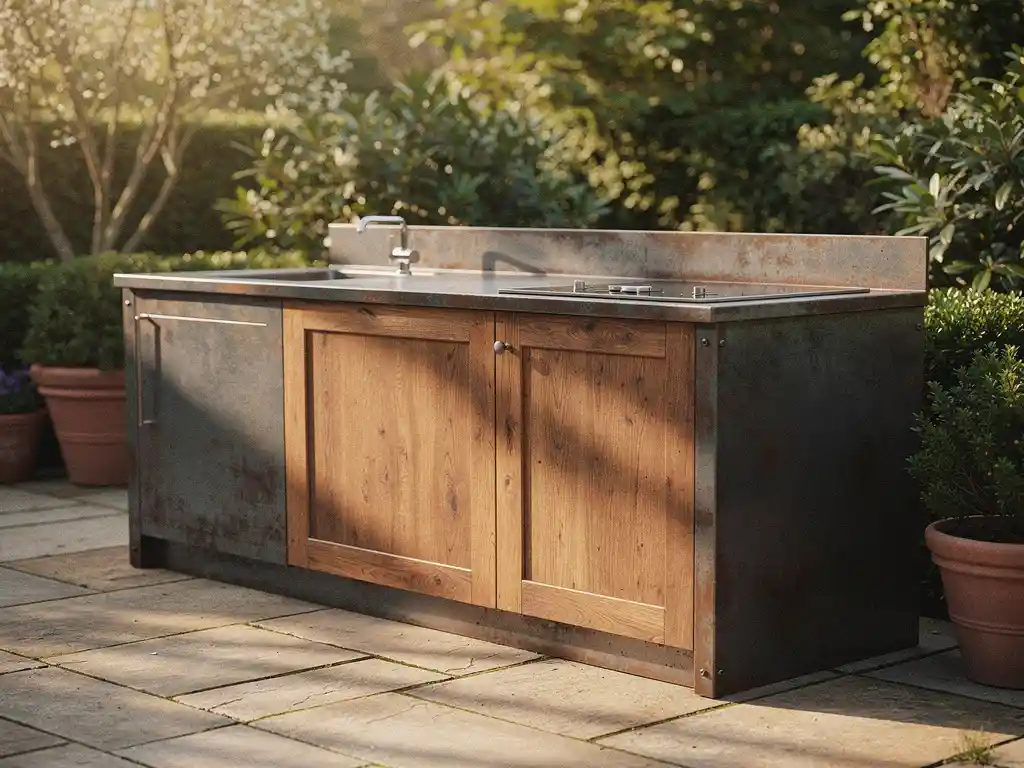 Verweerde buitenkeuken van staal en hardhout op zonnig terras, omgeven door weelderig groen met warme natuurlijke patina.