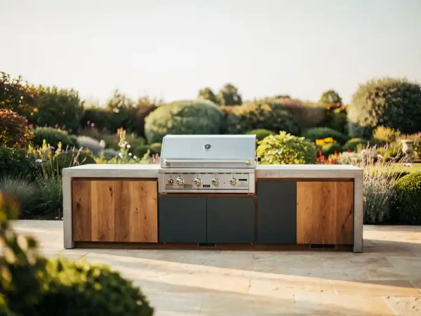 Buitenkeuken van verweerd staal en eiken hout op stenen terras, met ingebouwde grill en betonnen aanrechtblad in middagzon.