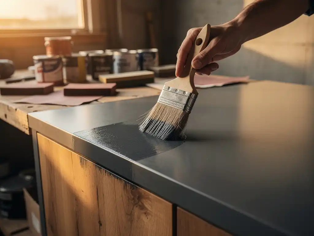 Vakman die grijze beschermende coating aanbrengt op een stalen en houten buitenkeuken paneel met brede natuurharen kwast.
