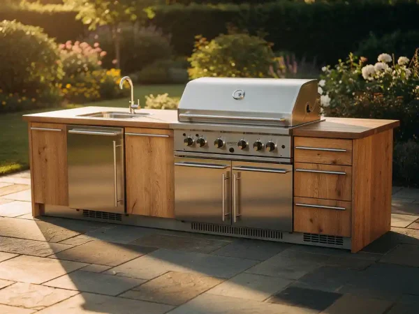 Buitenkeuken met ingebouwde gasbarbecue, stalen en eiken houten oppervlakken op een stenen patio in gouden-uurszonlicht.