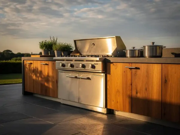 Buitenkeuken van staal en hout met zware gasbbranders, vers kruidenrek en premium kookgerei op stenen patio in middagzon.