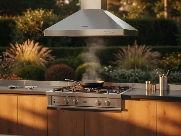 Buitenkeuken van staal en natuurlijk hout met geïntegreerde afzuigkap boven gasbrander, rookpluimpjes en weelderige tuinbeplanting op de achtergrond.