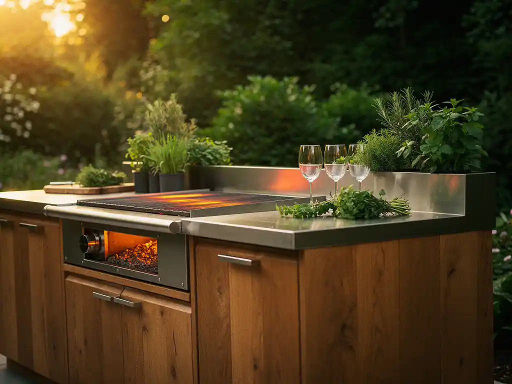 Buitenkeuken met stalen werkblad, ingebouwde grill met gloeiende sintels, verse kruiden en wijnglazen, omgeven door weelderige tuin in middagzon.