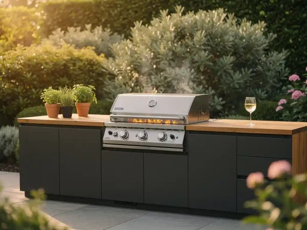 Buitenkeuken met stalen werkblad en warm houten oppervlak, ingebouwde grill met gloeiende kolen, verse kruiden en glas witte wijn, groene tuin op de achtergrond.