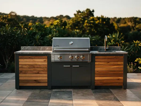 Buitenkeuken van donker staal en warm eikenhout met ingebouwde grill, stenen aanrechtblad en roestvrijstalen accessoires op zonnig terras.