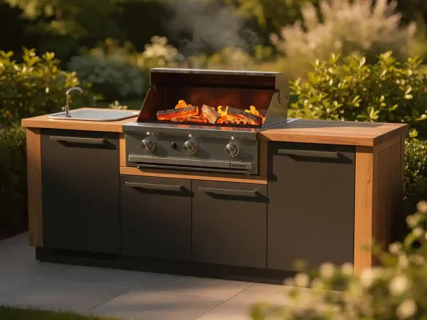 Buitenkeuken met stalen werkblad, ingebouwde grill met gloeiende sintels en natuurlijk eikenhout op een zonnig terras met groene achtergrond.