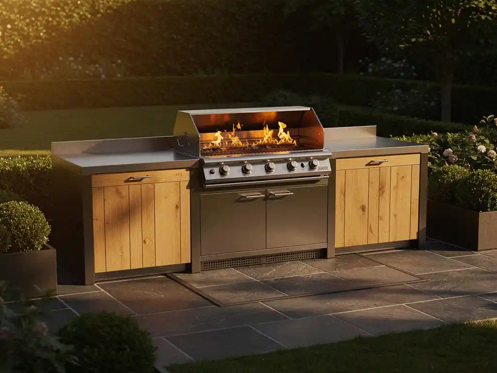 Buitenkeuken van staal en eiken hout met ingebouwde grill en amberkleurige vlammen op een terras met leistenen tegels in middagzon.