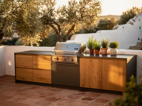 Buitenkeuken van staal en eikenhout met ingebouwde grill op mediterraan terras met terracotta tegels en olijfbomen.