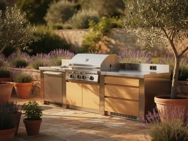 Stalen en houten buitenkeuken op mediterraan terras met terracotta potten, lavendel en olijfbomen in middagzon.