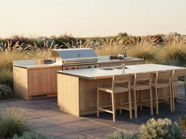 Moderne buitenkeuken met stalen grill, eiken accenten en siergrassen in minimalistische tuin tijdens gouden uur.