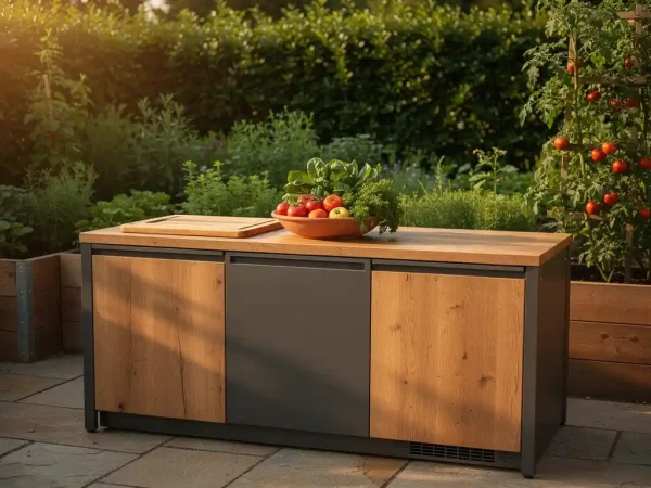 Buitenkeuken van staal en eikenhout met ingebouwde snijplank, omringd door moestuinbedden vol kruiden en tomatenplanten in gouden avondlicht.