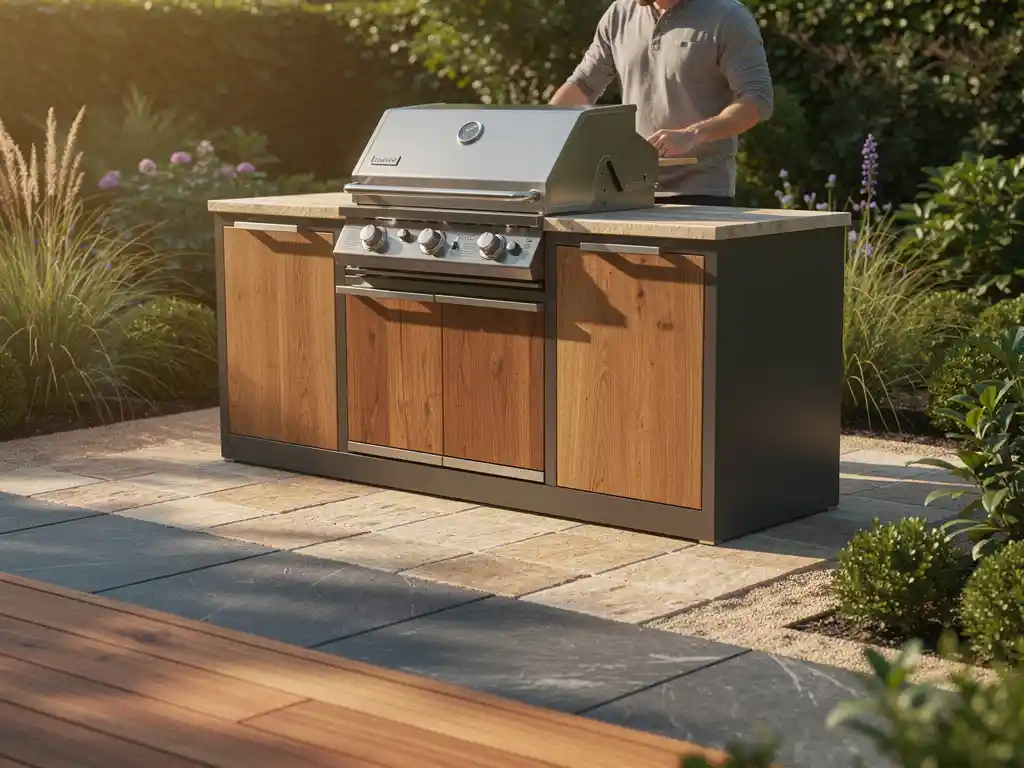 Premium buitenkeuken van staal en teakhout op natuurstenen tegels, omgeven door weelderig groen in Nederlandse tuin.