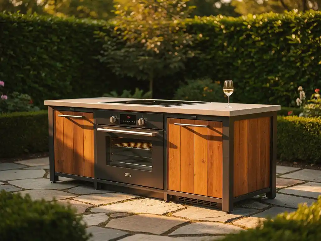 Buitenkeuken van staal en hout in een Nederlandse tuin met natuurstenen bestrating, glas witte wijn op het aanrechtblad, gouden avondlicht.