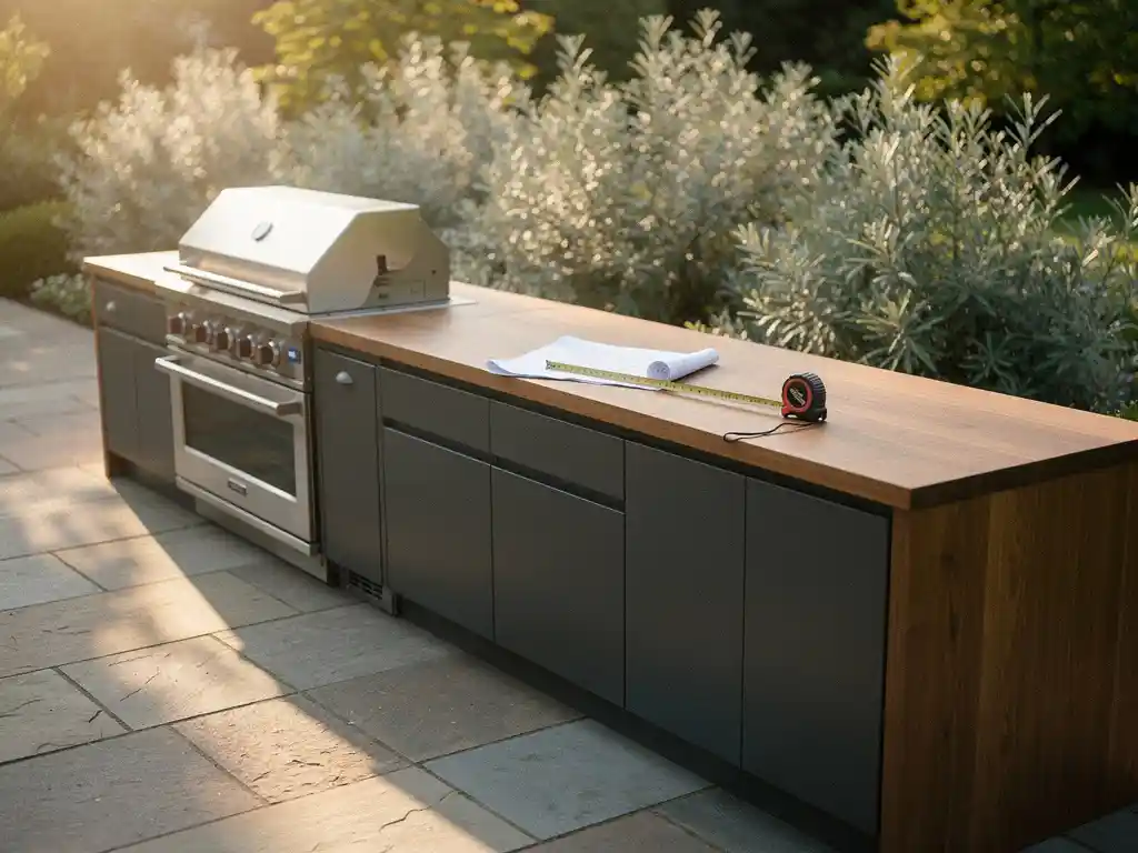 Buitenkeuken van staal en warm eikenhout op stenen patio, met meetlint en blauwdruk op het aanrecht in goudkleurig middaglicht.
