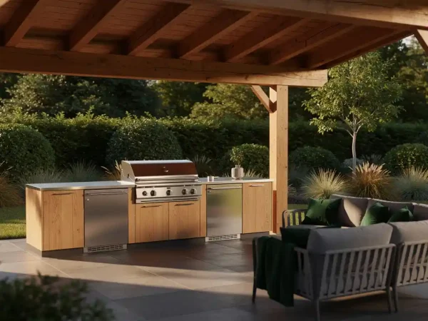 Buitenkeuken met stalen en eiken houten panelen onder een overdekt terras, omgeven door weelderig groen in warm middaglicht.