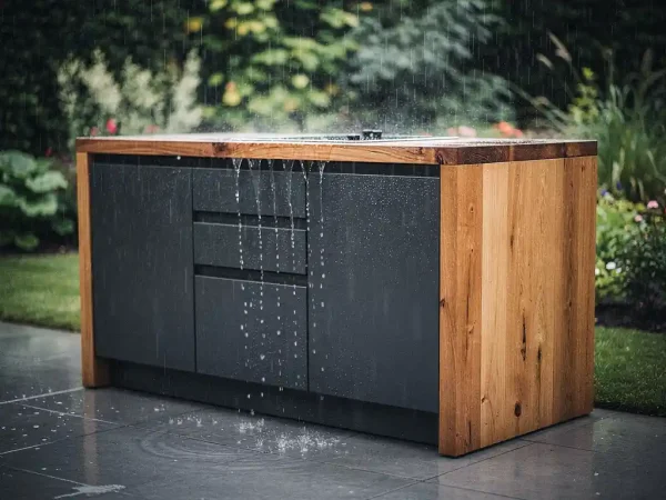 Weerbestendige buitenkeuken van staal en eiken hout in zware regen op tuinterras, waterdruppels op verzegelde oppervlakken.