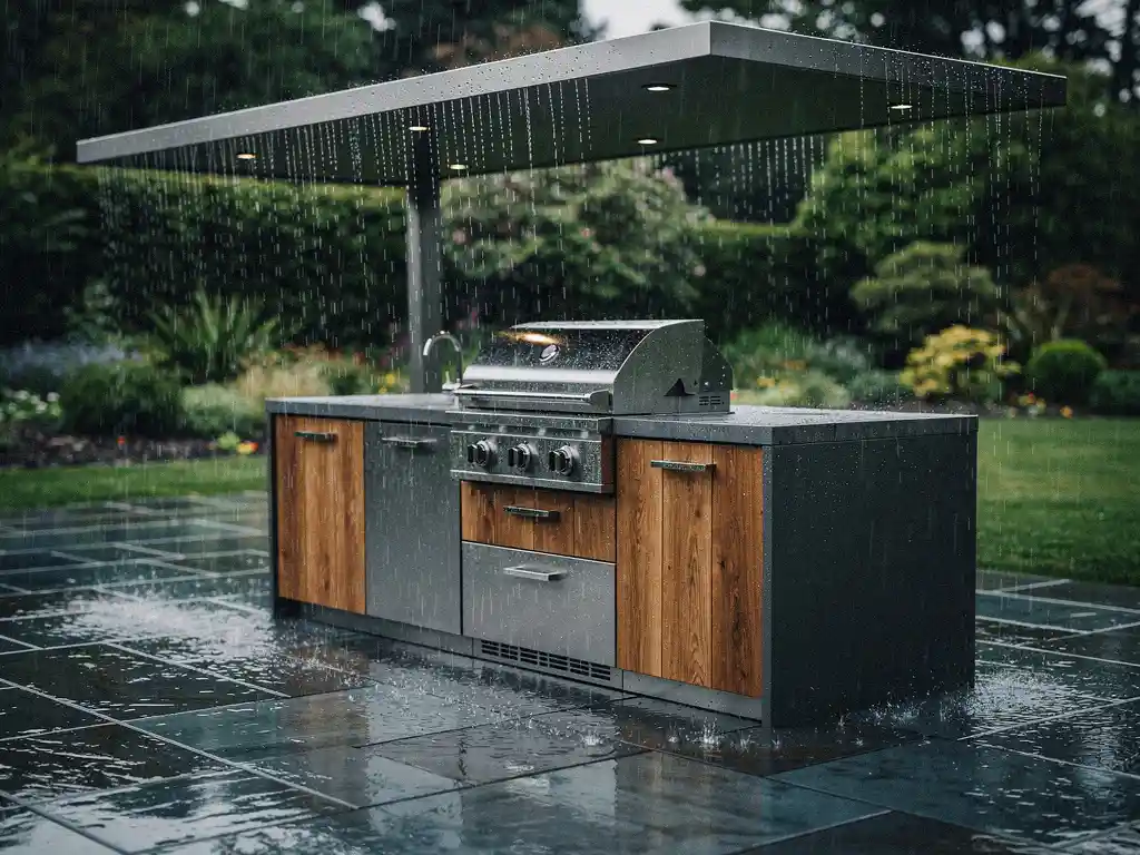 Buitenkeuken van staal en hout in zware regen, water stroomt van het afdak op een natte stenen terras, weelderige tuin op de achtergrond.