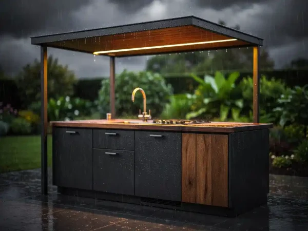 Weerbestendige buitenkeuken van staal en hout in de regen, met waterdruppels op donker metaal en warm amber verlichting onder luifel.