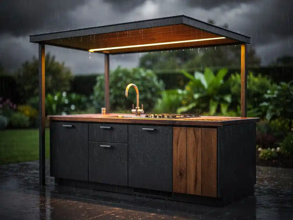 Weerbestendige buitenkeuken van staal en hout in de regen, met waterdruppels op donker metaal en warm amber verlichting onder luifel.