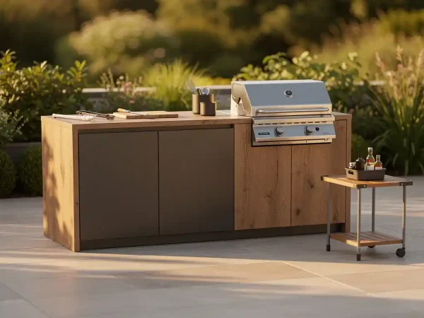 Buitenkeuken met warm eiken kasten en mat stalen werkblad op zonnig terras, omgeven door weelderige tuinbeplanting.