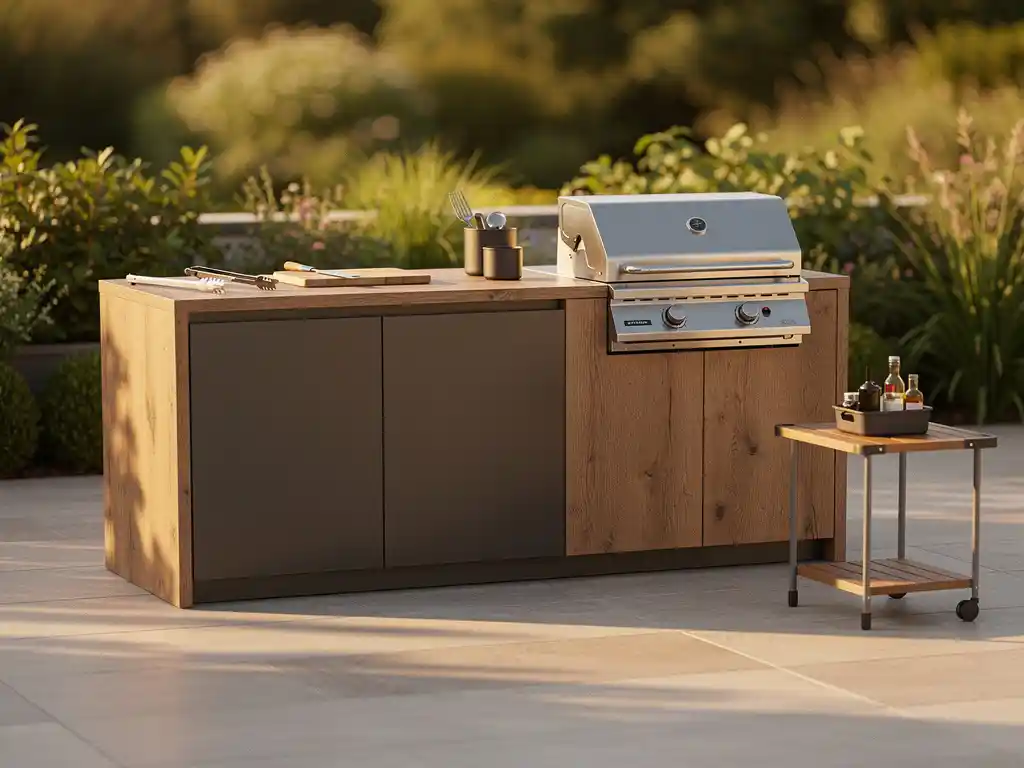 Buitenkeuken met warm eiken kasten en mat stalen werkblad op zonnig terras, omgeven door weelderige tuinbeplanting.