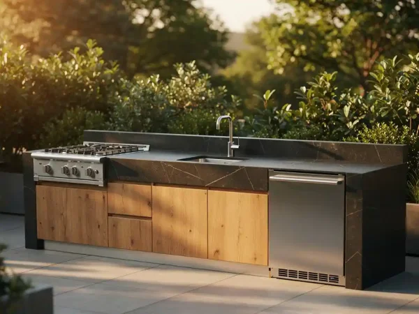 Buitenkeuken van staal en warm eikenhout met ingebouwde gasbrander, roestvrijstalen spoelbak en koelkast op zonnig terras omringd door groen.