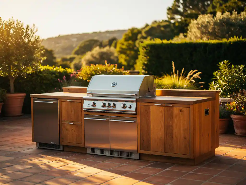 Buitenkeuken met ingebouwde RVS barbecue, warm eiken hout en terracotta tegels in gouden avondlicht.