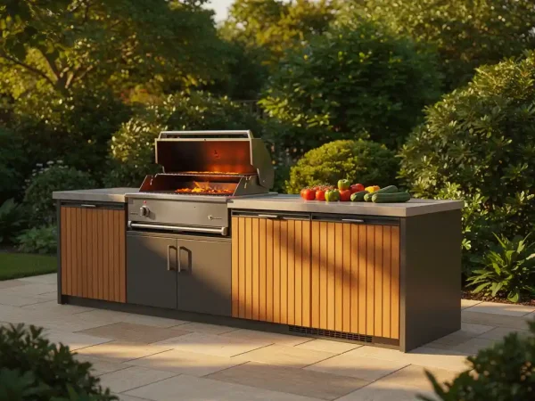 Buitenkeuken van staal en houten panelen op een stenen terras, met gloeiende gietijzeren grill, verse groenten en weelderig groen op de achtergrond.
