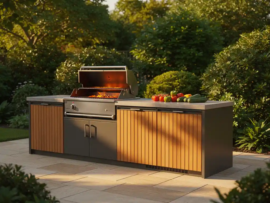 Buitenkeuken van staal en houten panelen op een stenen terras, met gloeiende gietijzeren grill, verse groenten en weelderig groen op de achtergrond.