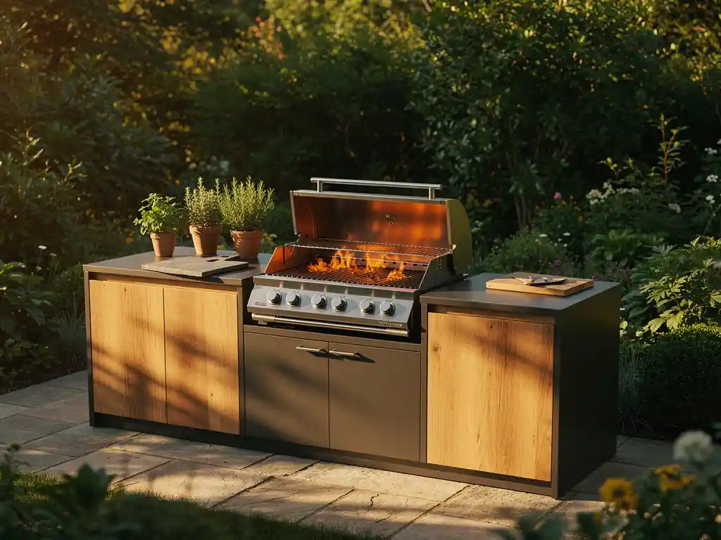 Buitenkeuken van staal en warm eikenhout op stenen terras, met gietijzeren grill, verse kruiden en leistenen snijplanken in middagzon.