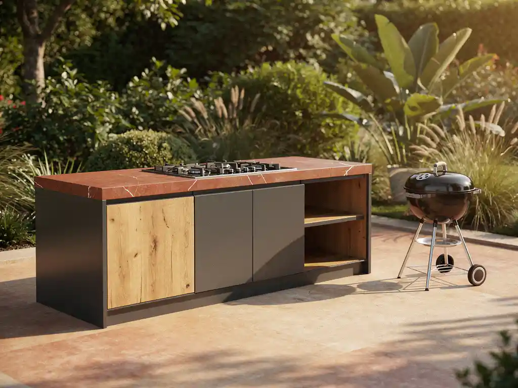 Buitenkeuken van staal en eikenhout met ingebouwde branders en stenen aanrechtblad op zonnig terras, met ketelbarbecue ernaast.
