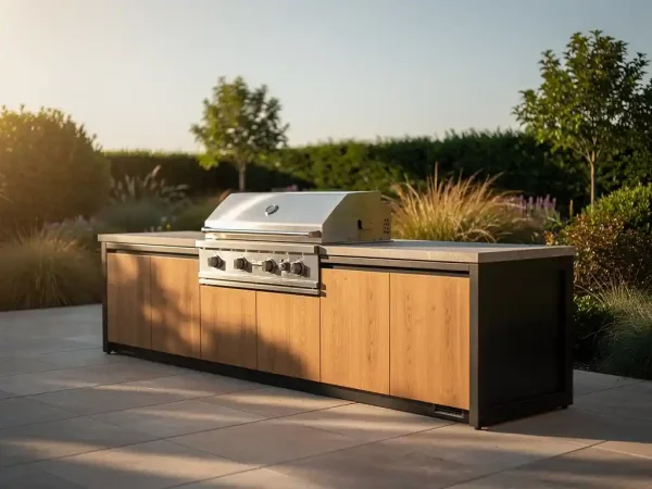 Buitenkeuken met ingebouwde grill, stenen aanrechtblad en warm hout op een zonnig terras met groene tuinbeplanting.
