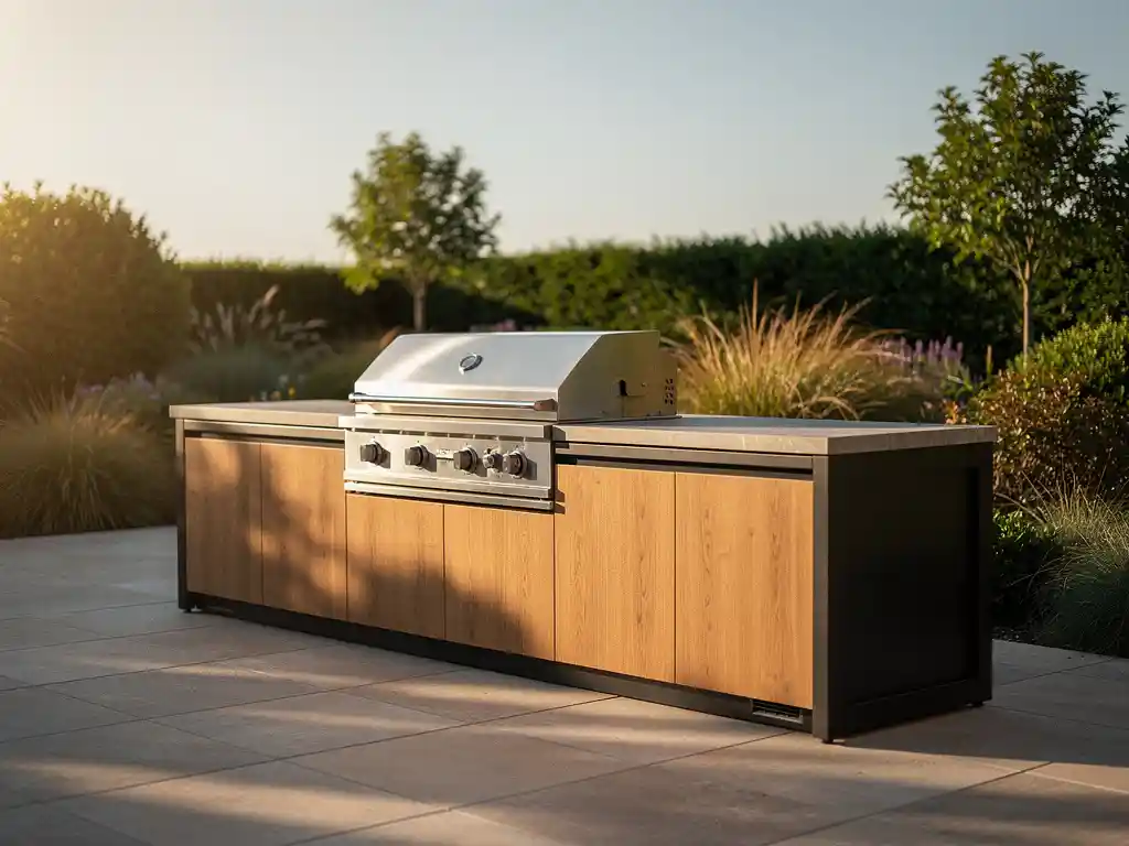 Buitenkeuken met ingebouwde grill, stenen aanrechtblad en warm hout op een zonnig terras met groene tuinbeplanting.