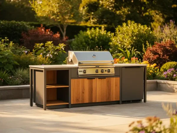 Buitenkeuken met stalen frame en houten accenten op een stenen terras, omringd door weelderig groen en ingebouwde barbecue in middaglicht.