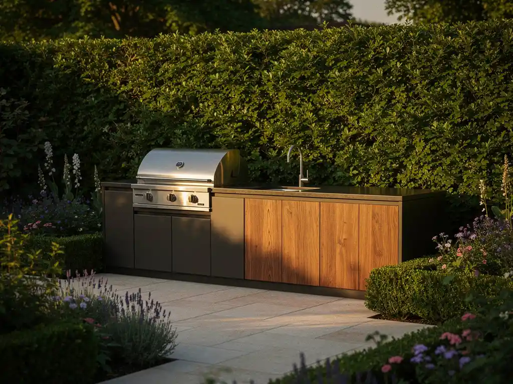 Stalen en houten buitenkeuken ingebouwd in een volgroeide tuin met hagen en borders, warm avondlicht op de geborstelde stalen oppervlakken.