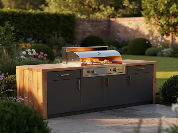 Buitenkeuken van staal en warm hout in Nederlandse tuin, met ingebouwde grill en gloeiende houtskoolresten in middagzon.