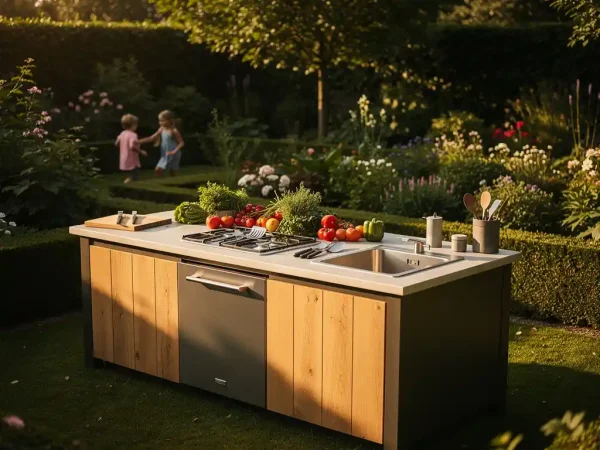 Grote buitenkeuken van staal en eikenhout met verse groenten en grillgereedschap op stenen aanrechtblad in Nederlandse tuin.