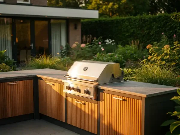 Buitenkeuken met eiken houten blad, mat stalen grill en stenen aanrechtblad in een weelderige Nederlandse tuin bij avondlicht.