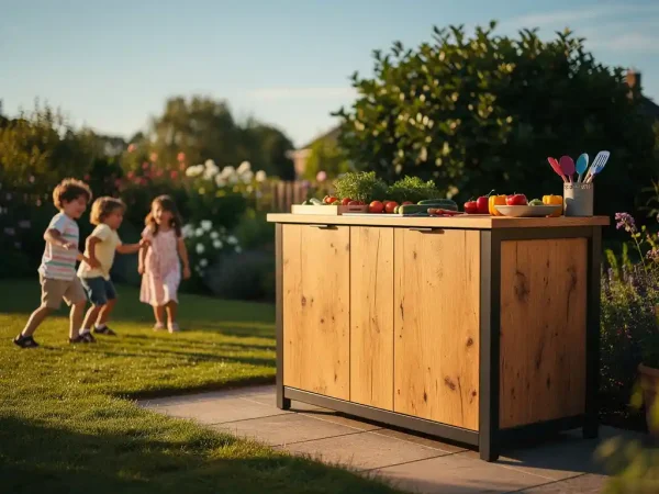 Buitenkeuken van staal en hout in een familietuin met kinderen spelend op het gazon en verse groenten op het aanrecht.