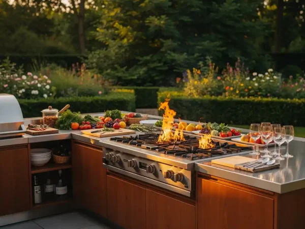 Buitenkeuken van staal en teakhout met brandende branders, verse groenten, serveerschalen en wijnglazen in een weelderige Nederlandse tuin.