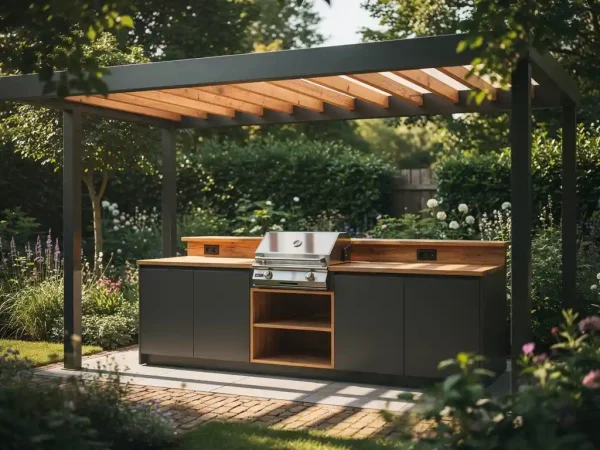 Buitenkeuken van staal en eikenhout in een weelderige Nederlandse tuin, met gefilterd middagzonlicht door een pergola.
