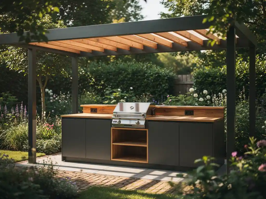 Buitenkeuken van staal en eikenhout in een weelderige Nederlandse tuin, met gefilterd middagzonlicht door een pergola.