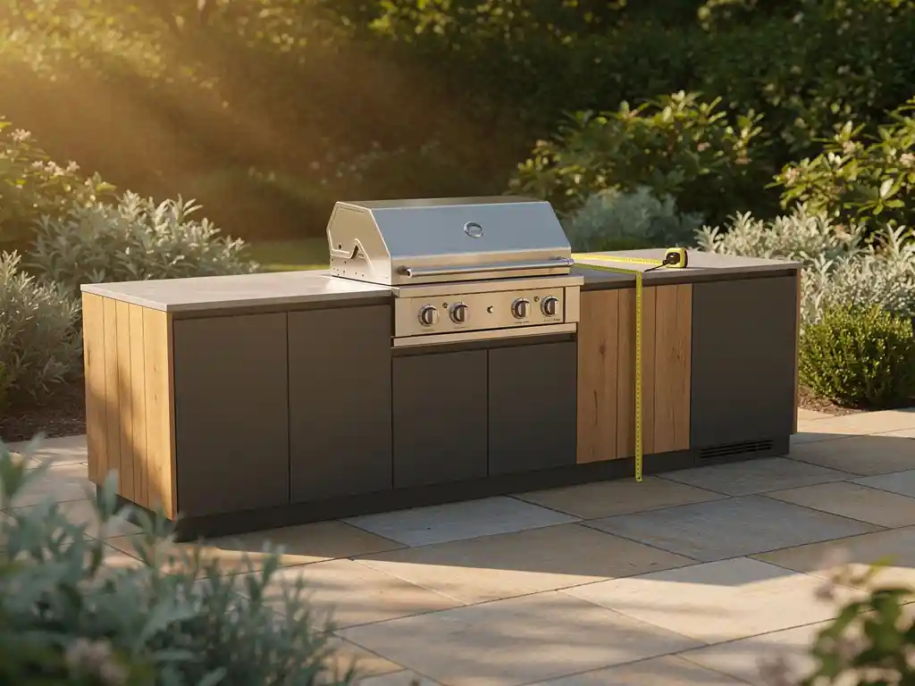 Buitenkeuken met stalen en eiken panelen op een zonnig terras, meetlint op het aanrecht naast een ingebouwde grill, omgeven door weelderig groen.