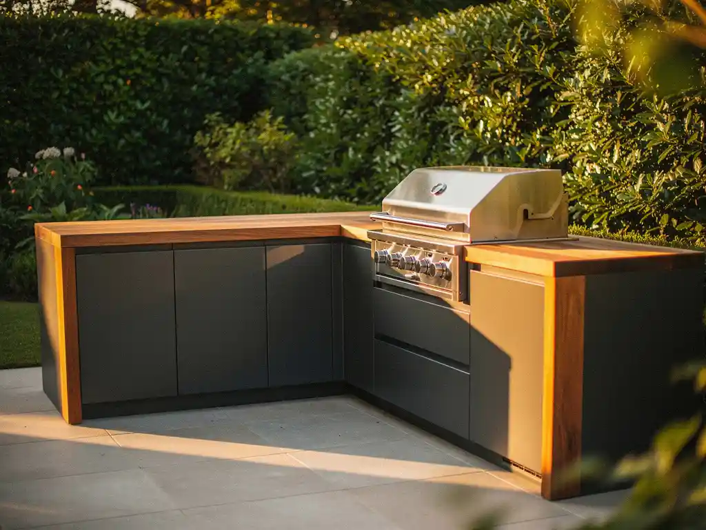 Buitenkeuken van staal en teakhout op zonnig terras met ingebouwde grill, antraciet werkblad en groene hagen op de achtergrond.